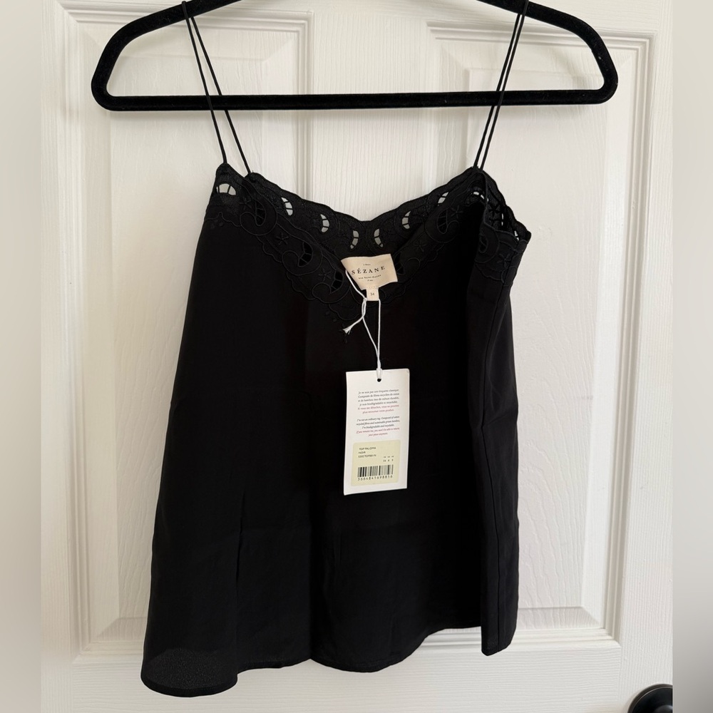 Sezane Black Lace Trim Paloma Silk Top SZ 34